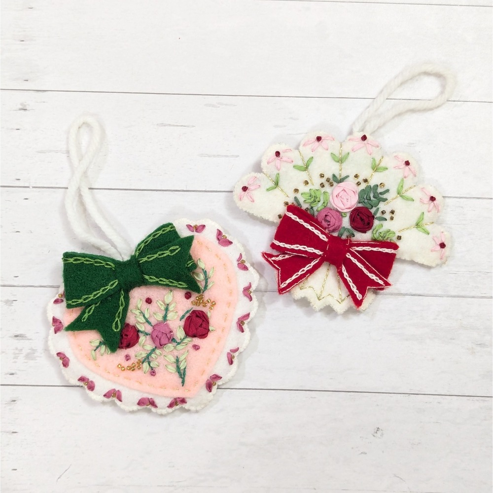 Vintage Beaded Ribbon Roses Felt Heart & Fan Christmas Ornament Set